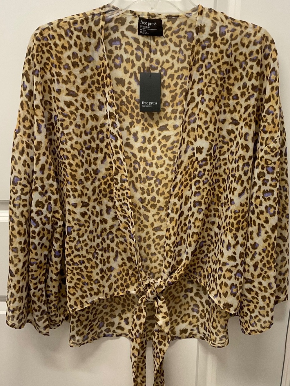 NWT FREE PRESS TIE FRONT SHEER LEOPARD PRINT KIMONO TUNIC COVER-UP BLOUSE OS